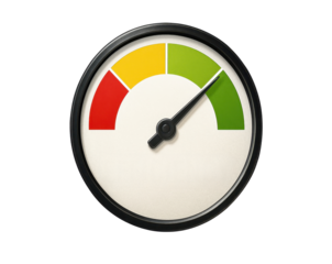 A black and white clock with a green, yellow and red scale. The scale is divided into three sections, with the middle section being the largest. The clock is set to the number 3