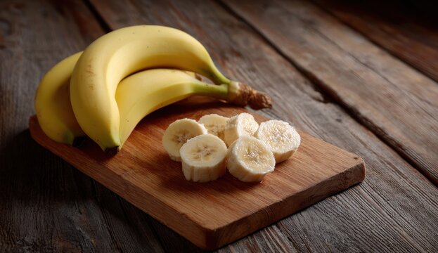 Fresh bananas and sliced banana wooden cutting board rustic background healthy fruit snack ripe yellow bananas natural food tropical fruit fruit preparation kitchen setting organic produce sweet