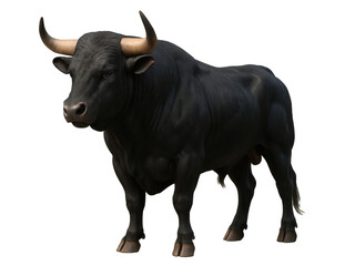 A black bull with horns stands on a white background. The bull is the main focus of the image, and it is a powerful and majestic creature. The white background emphasizes the bull's dark color