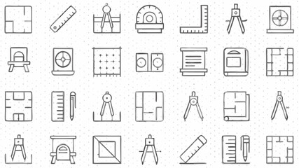Fototapeta premium Illustration of architectural tools and blueprints including compasses, rulers, and floor plans in gray