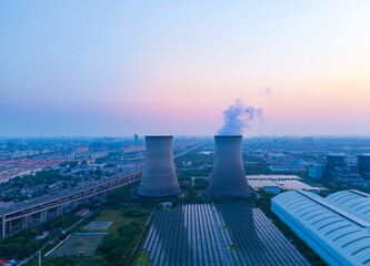 Aerial view of two Coal-fired power generation In the suburbs, Shanghai.