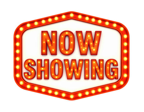 A neon sign that says Now Showing. The sign is lit up with bright red lights. The sign is meant to draw attention to a show or event that is currently happening