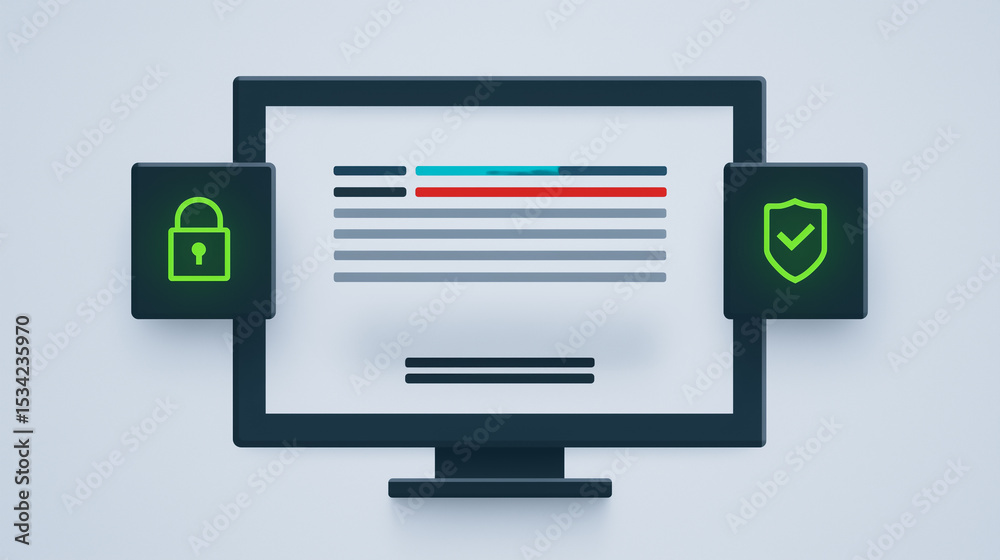 Poster cybersecurity protection concept: a digital rendering showcasing a computer monitor enveloped by two