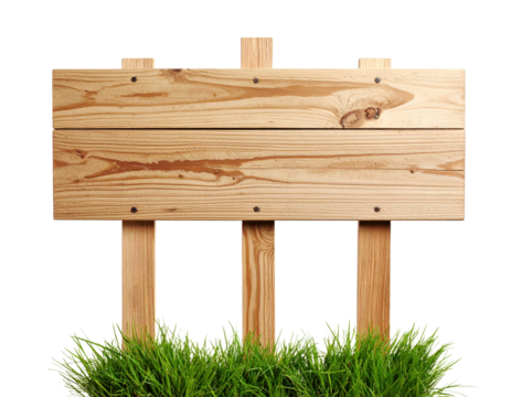 A wooden sign with a grassy background. The sign is empty and has no writing on it