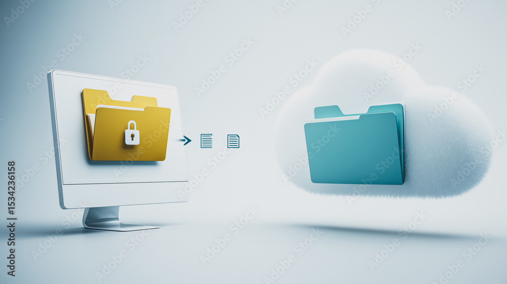 Poster digital data transfer: a graphic representation of data security, with a locked folder transferring 