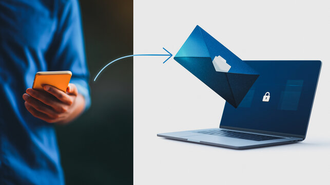 Digital Security: A symbolic depiction of secure digital data transfer between a smartphone and a laptop.