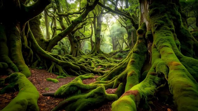 Enchanted woodland scene featuring moss-covered trees and intricate root systems, creating a lush, vibrant, and otherworldly forest landscape.