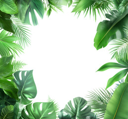 Tropical plants with green leaves framing the border on a transparent background, in PNG file format, with ultra-high resolution.