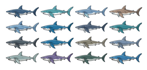 Twelve Great White Sharks in Various Colors Cartoon Illustration