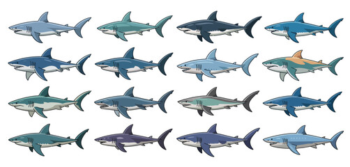Twelve Cartoon Great White Sharks in Various Shades of Blue