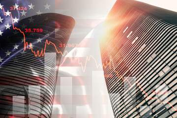 Skyscaper with united state of America flag and stock market chart for USA economy and investment concept.