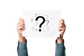 Businessman holding a question mark sign on white paper for question and answer of problem solving solution concept.