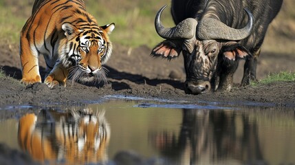 Fototapeta premium Tiger and cape buffalo drinking water from a muddy puddle, reflected in the still water.
