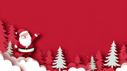 Festive Santa waving amidst snowy trees on a bright red background during the holiday season