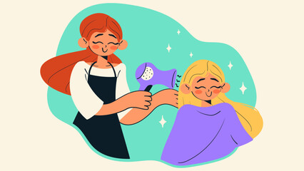 Hairdresser dries woman hair in beauty salon. Smiling client get hairstyle in saloon. Beauty and care concept. Doodle style isolated vector illustration.