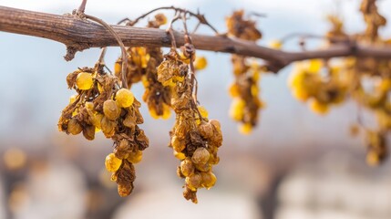 Close up of rotten grape on the vine with shriveled skin and mold, showing dried spoiled berries still attached to stem, concept of decay, overripe fruit, and agricultural disease