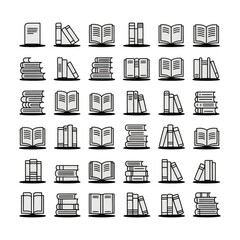 Collection of various book icons depicting stacks open books and book sets for education
