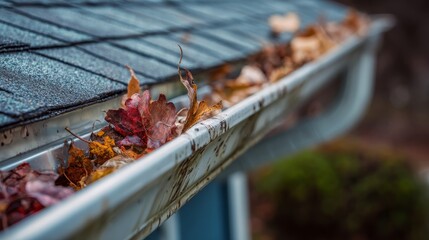Close-up view of rusty, clogged, and damaged gutters attached to residential roof, showing poor maintenance, blocked drainage, corrosion, and risk of water damage to home exterior