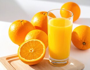 Fresh Orange Juice and Slices On Wooden Board