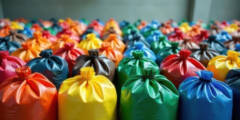 Fototapeta premium A vibrant collection of colorful, shiny, tied sacks arranged in a captivating display.