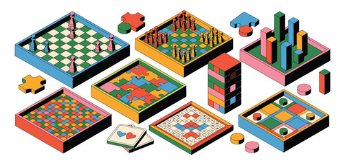 Colorful isometric illustration of various board games and puzzles