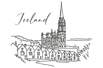 Ireland cathedral and town sketch, black on white vector illustration