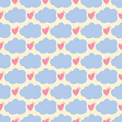seamless pattern featuring pink hearts and blue clouds