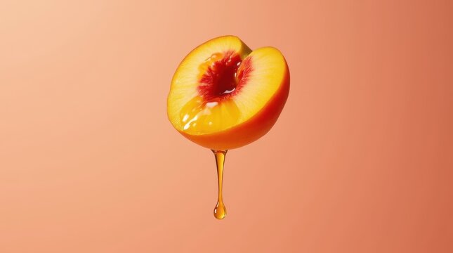 A perfectly sliced peach dripping sweet nectar, suspended against a warm blush background - Powered by Adobe