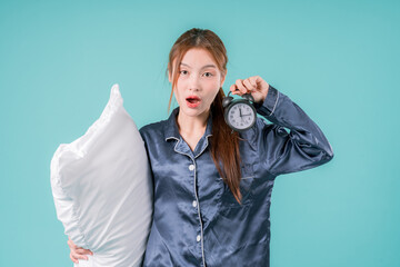 Asian Awake Wake Up Morning Sleep Tired Watch Lady Woman, A Pretty Young Female Holding Alarm Clock...