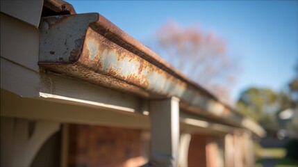 Close-up view of rusty, clogged, and damaged gutters attached to residential roof, showing poor maintenance, blocked drainage, corrosion, and risk of water damage to home exterior