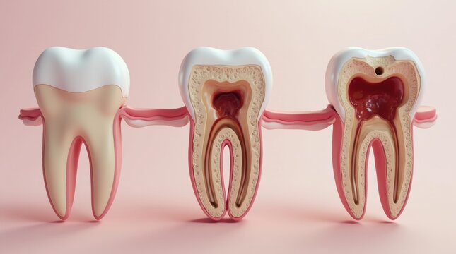 Dental problems and solutions from healthy teeth, decay, root canal, and abscess formation visualized in 3D animation footage. Dentistry.