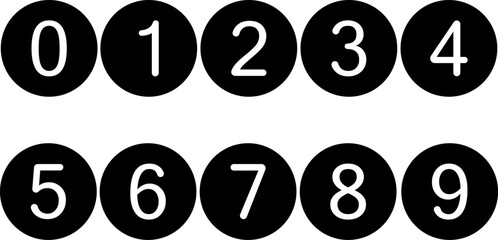 Stylized numbers 0–9 in a clean sans-serif font, each inside a solid black circle. Ideal for infographics, UI, labels, and educational materials.