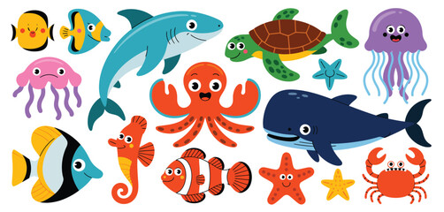 Naklejka premium Cute Cartoon Ocean Animals Set for Kids Illustration