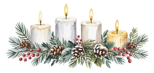 Watercolor Christmas Candles with Pine and Berries