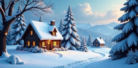 Festive snow-covered trees and charming cottages in a serene winter scene , cabin, Christmas landscape, december