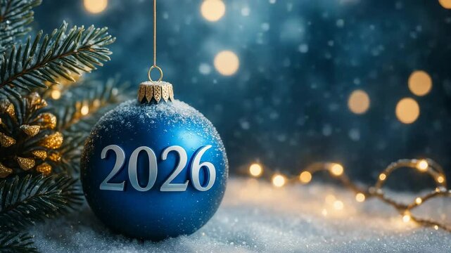 Vid&eacute;o de v&oelig;ux 2026 avec boule de No&euml;l bleue, neige anim&eacute;e et fond bleu nuit &ndash; id&eacute;ale pour vitrines de magasins et r&eacute;seaux sociaux.