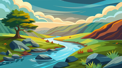 serene river landscape with rolling hills and cloudy sky illustration

