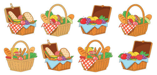Eight Illustrated Picnic Baskets with Food and Drinks