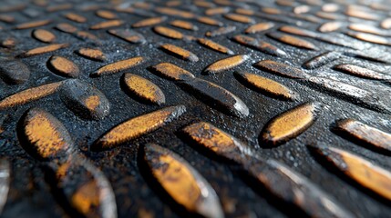 Close-up, worn metallic surface with raised oval pattern