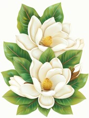 Beautiful white magnolia flowers with lush green leaves in detailed illustration showcasing elegance and nature’s artistry for decoration and inspiration
