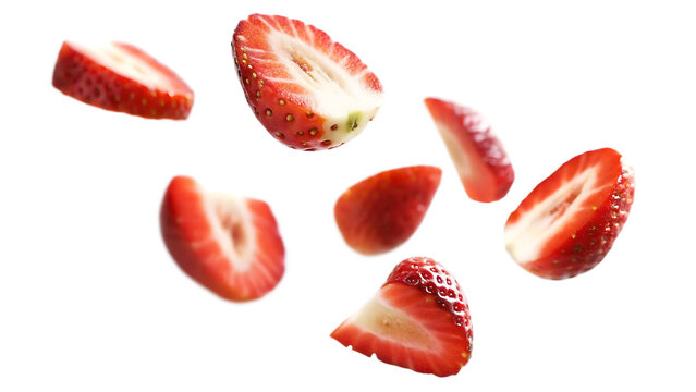 Juicy strawberry slices falling isolated on a white background