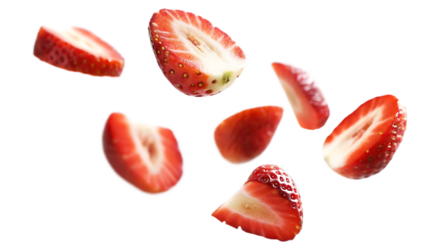 Juicy strawberry slices falling isolated on a white background