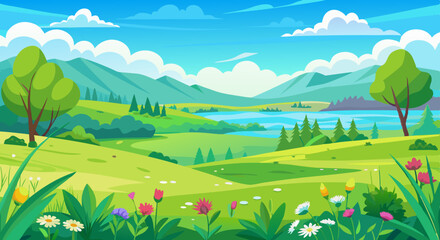Obraz premium Spring Mountain Landscape with Wildflowers and Green Meadows Illustration