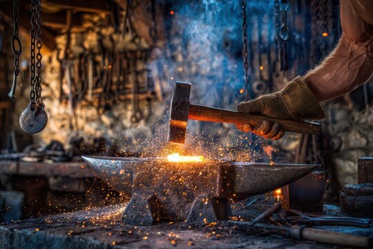 Blacksmith Forging Metal with Hammer