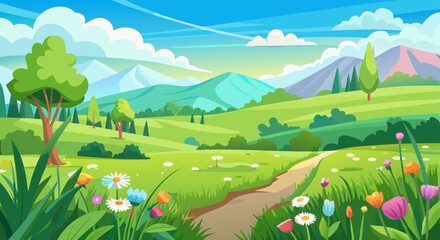 Fototapeta premium Spring Mountain Landscape with Wildflowers and Green Meadows Illustration