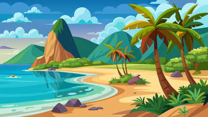 Obraz premium Tropical Beach Landscape with Palm Trees and Ocean View Illustration