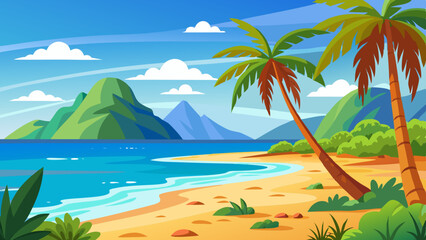 Fototapeta premium Tropical Beach Landscape with Palm Trees and Ocean View Illustration