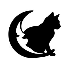 Naklejka premium Silhouette of moon-shaped tag with cat on white background, peaceful sleep symbol