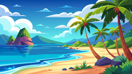 Obraz premium Tropical Beach Landscape with Palm Trees and Ocean View Illustration