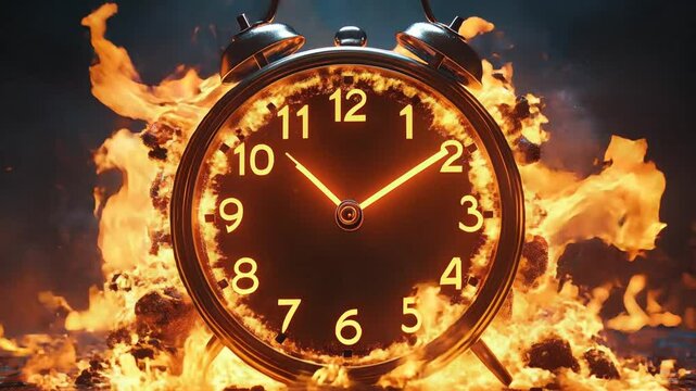 An alarm clock on fire, symbolizing urgency, deadlines, and the passage of time.